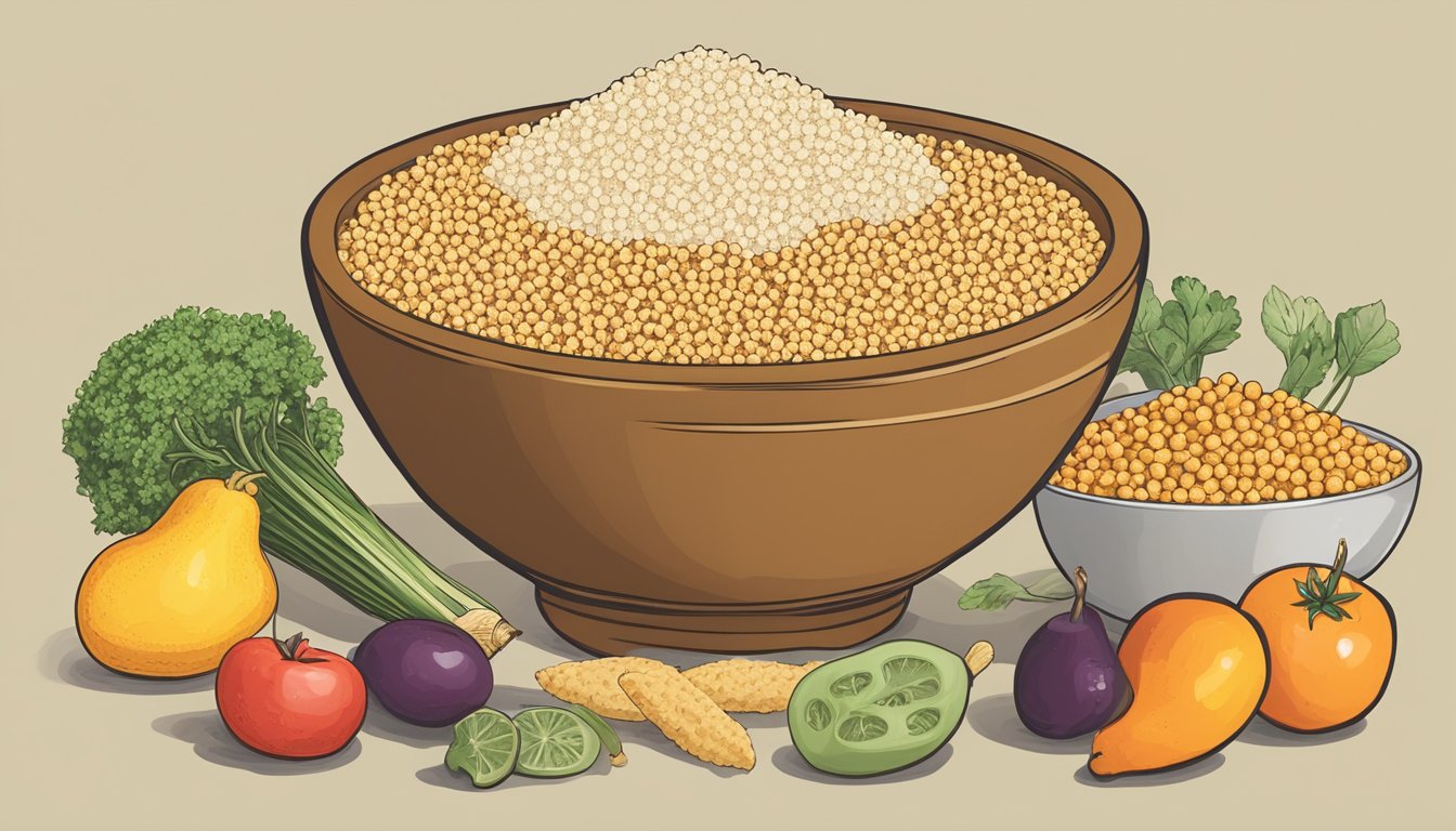 A bowl of couscous surrounded by various food items, a nutrition label, and a question mark