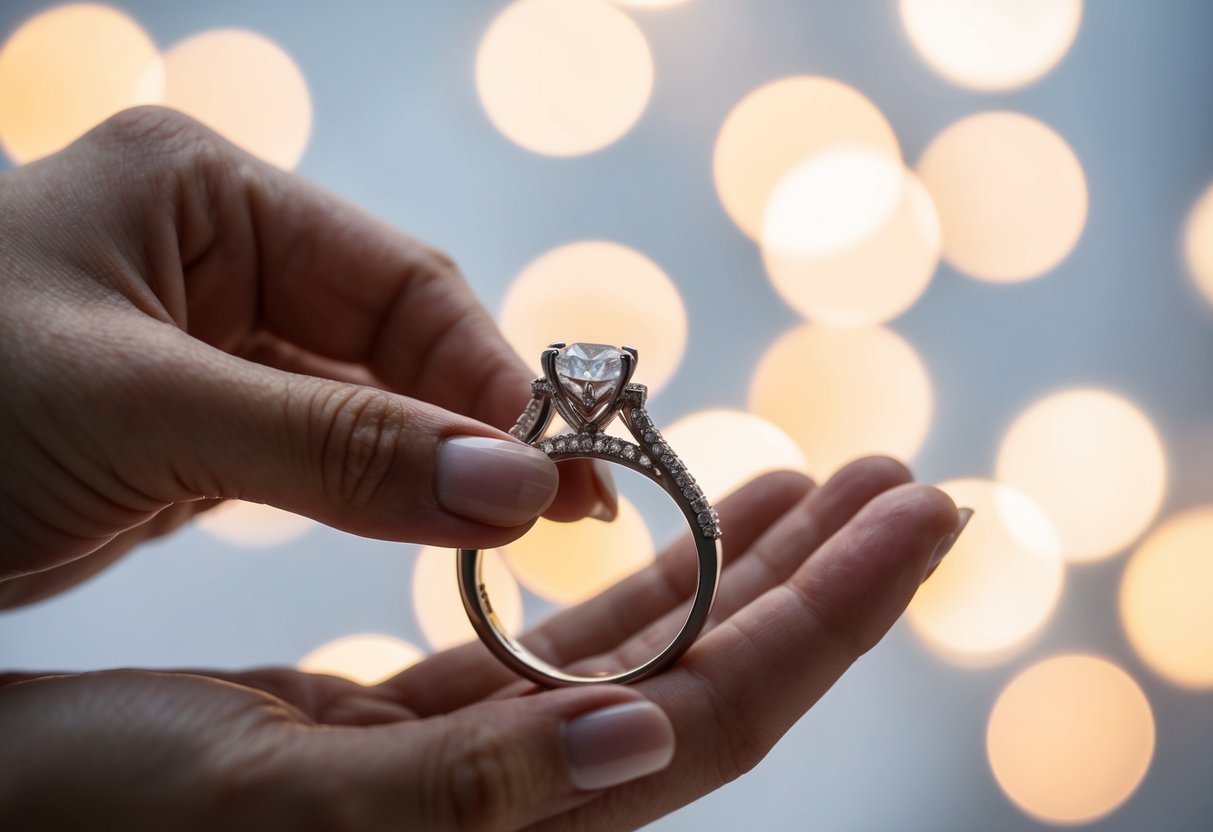 A hand placing an engagement ring on a wedding ring, both adorned with intricate designs, against a backdrop of soft, romantic lighting