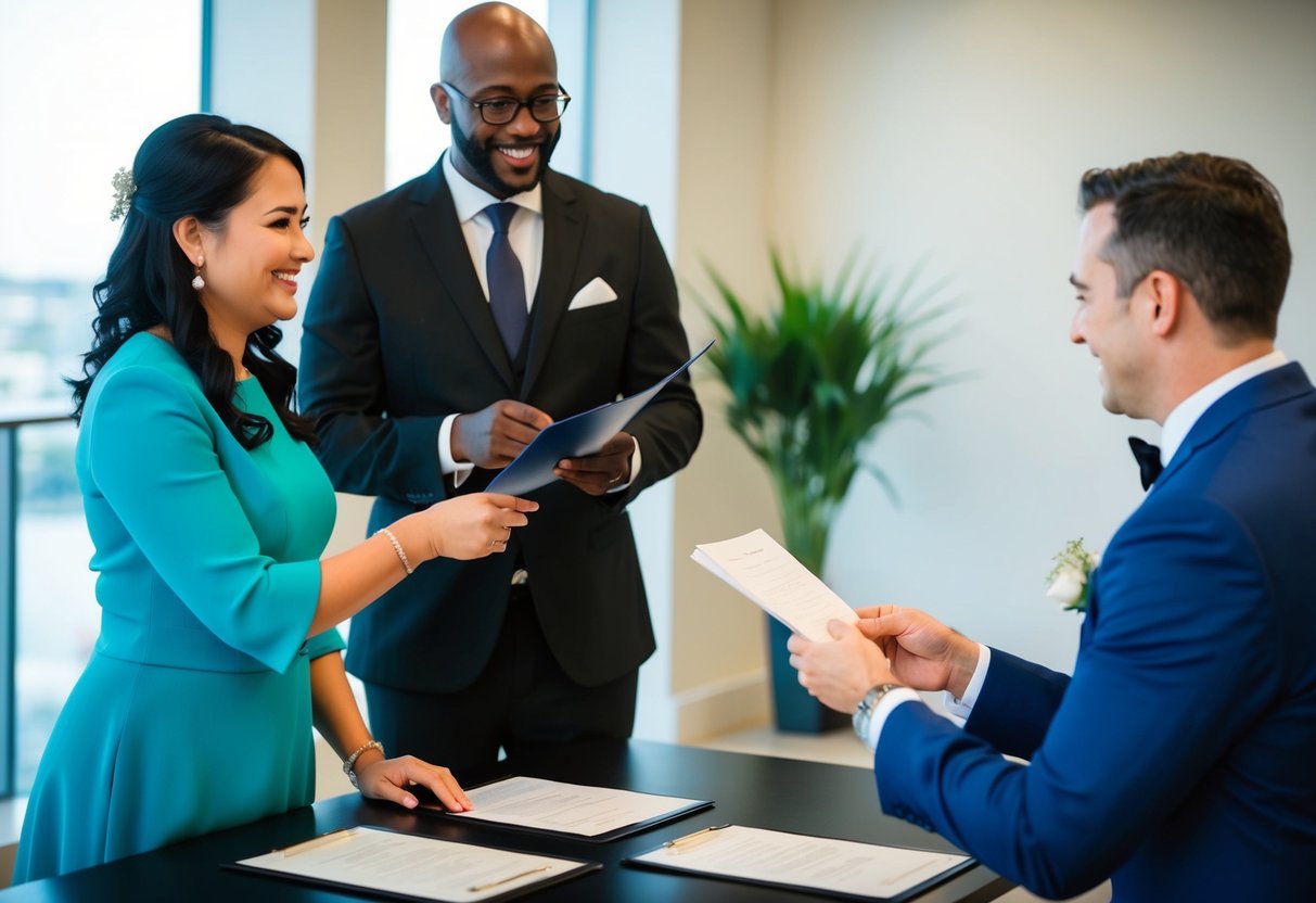 A celebrant standing before a couple, exchanging vows in a modern setting with legal documents nearby