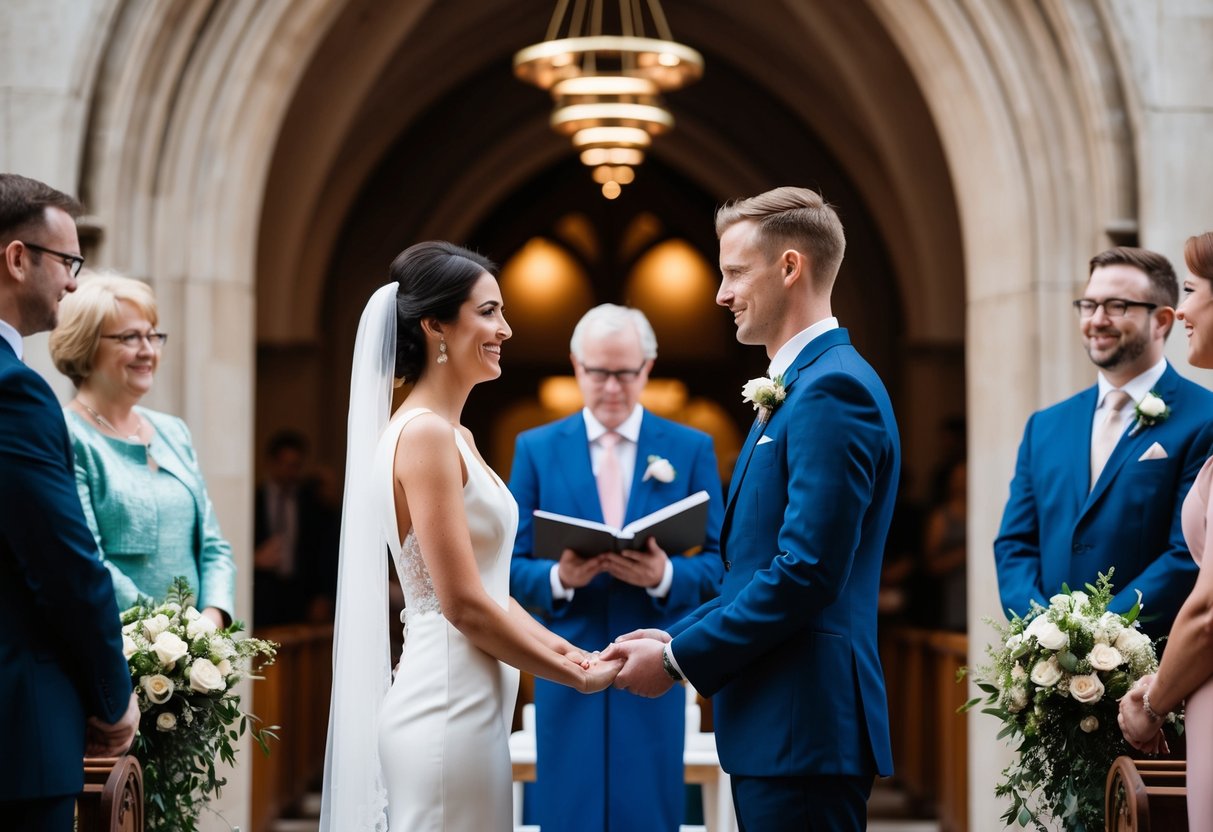 A couple standing at the altar exchanging modern wedding vows in a UK ceremony