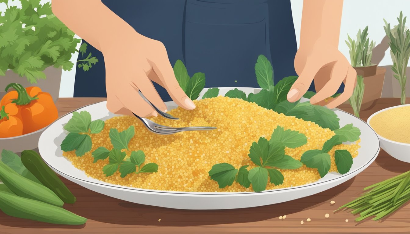 A bowl of couscous sits on a wooden table, surrounded by fresh vegetables and herbs. A person's hand reaches for a fork beside the bowl