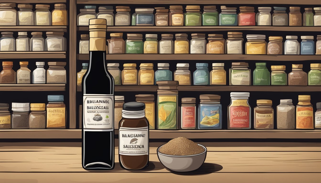 A bottle of balsamic vinegar sits on a dusty shelf, surrounded by other expired condiments. The label shows a past expiration date