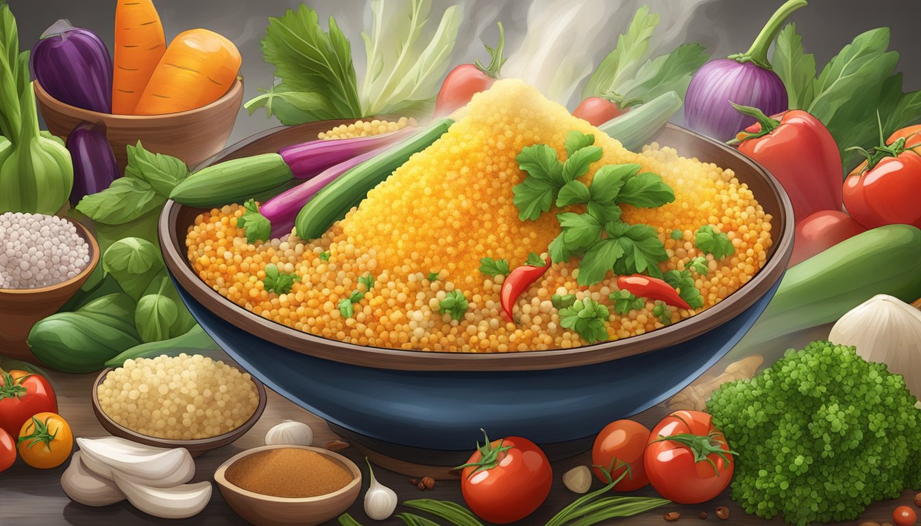 A colorful array of fresh vegetables, herbs, and spices surrounding a steaming bowl of fluffy couscous, creating a vibrant and appetizing scene