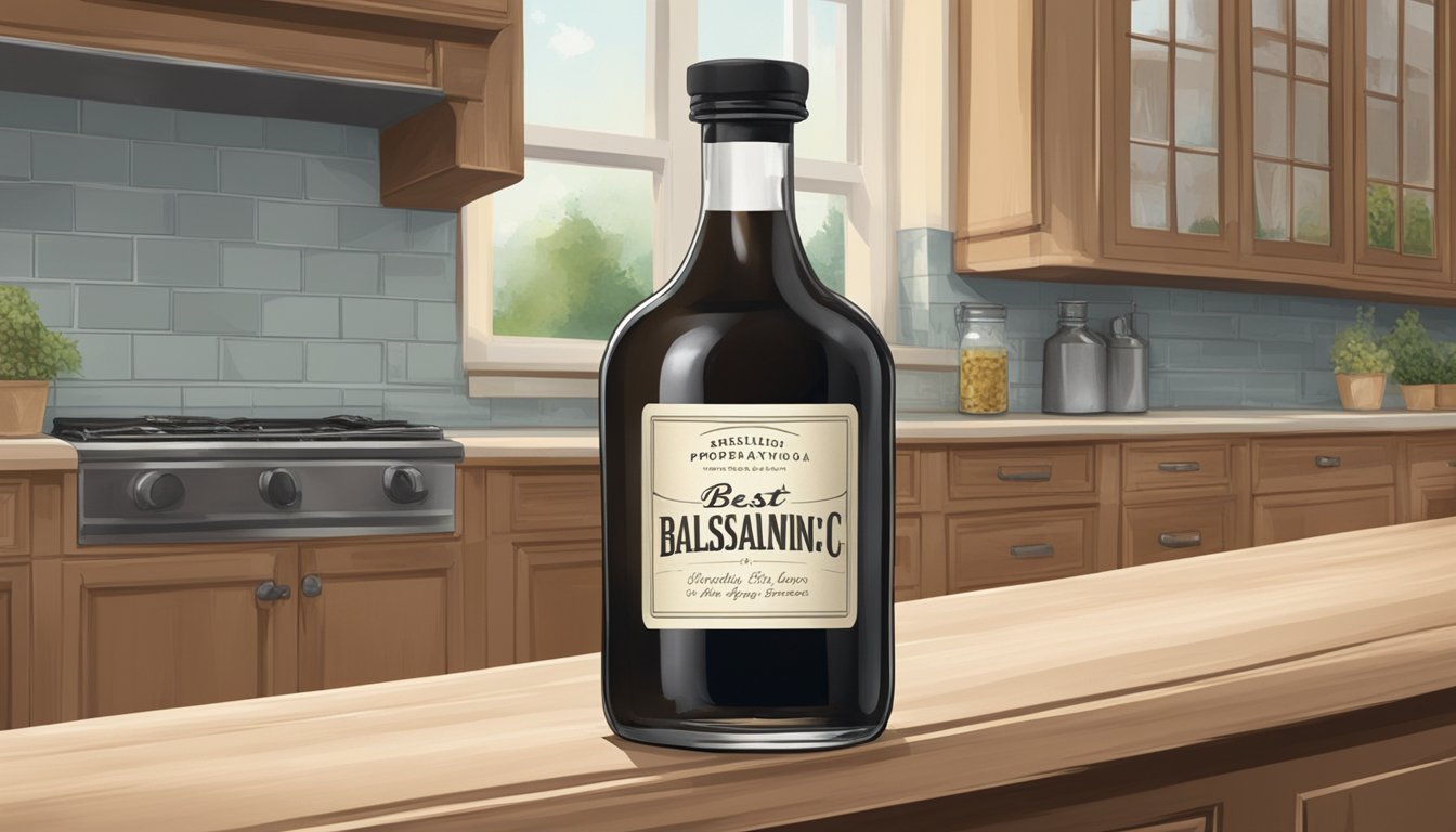 A bottle of balsamic vinegar sits on a kitchen shelf, with a "best by" date passed. The label is faded, and the liquid inside appears cloudy