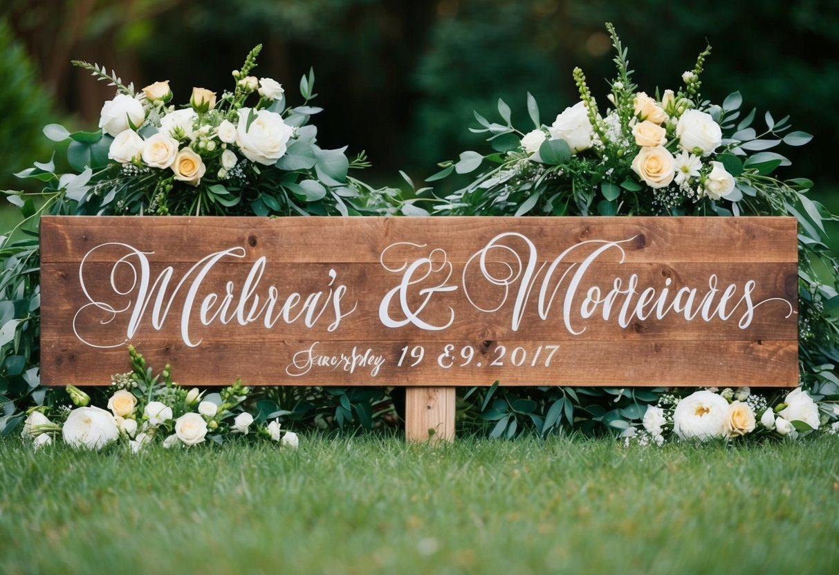 A couple's names and wedding date written in elegant calligraphy on a rustic wooden sign surrounded by flowers and greenery