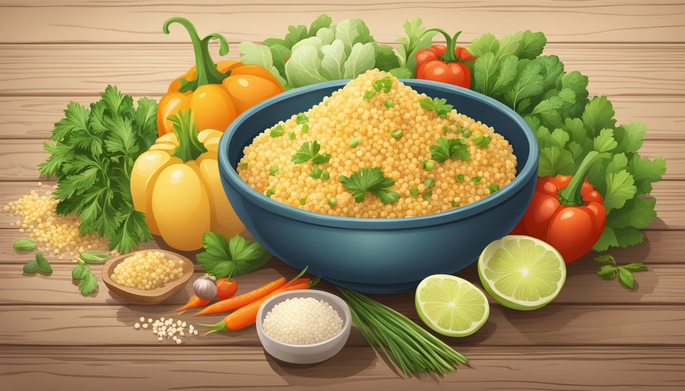 A steaming bowl of couscous surrounded by fresh vegetables and herbs on a rustic wooden table