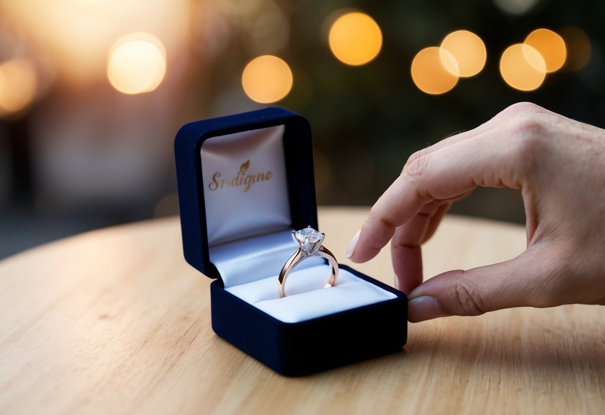 A box containing an engagement ring sits open on a table, with one hand reaching for it