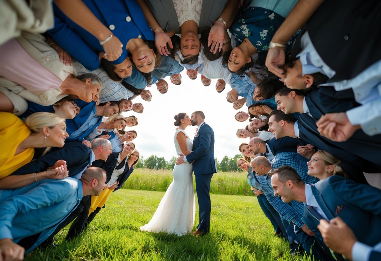 A couple stands facing each other, surrounded by a circle of onlookers, as they lean in for a tender kiss