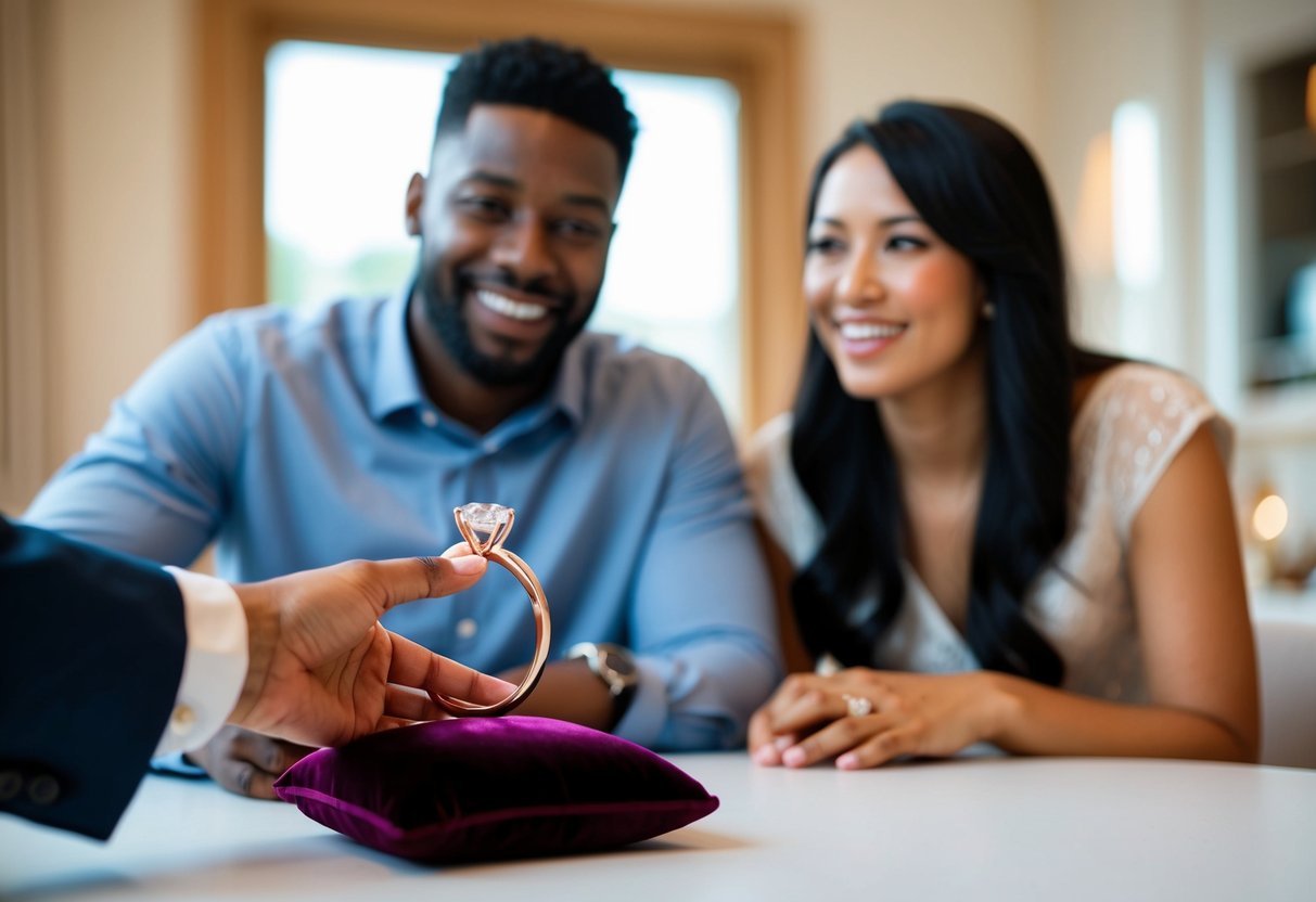 A person presents an engagement ring on a velvet cushion, while their partner eagerly watches, ready to receive the symbolic token of commitment