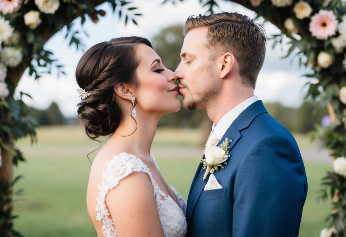 A couple standing under a flower arch, facing each other, with the groom leaning in to kiss the bride on the lips