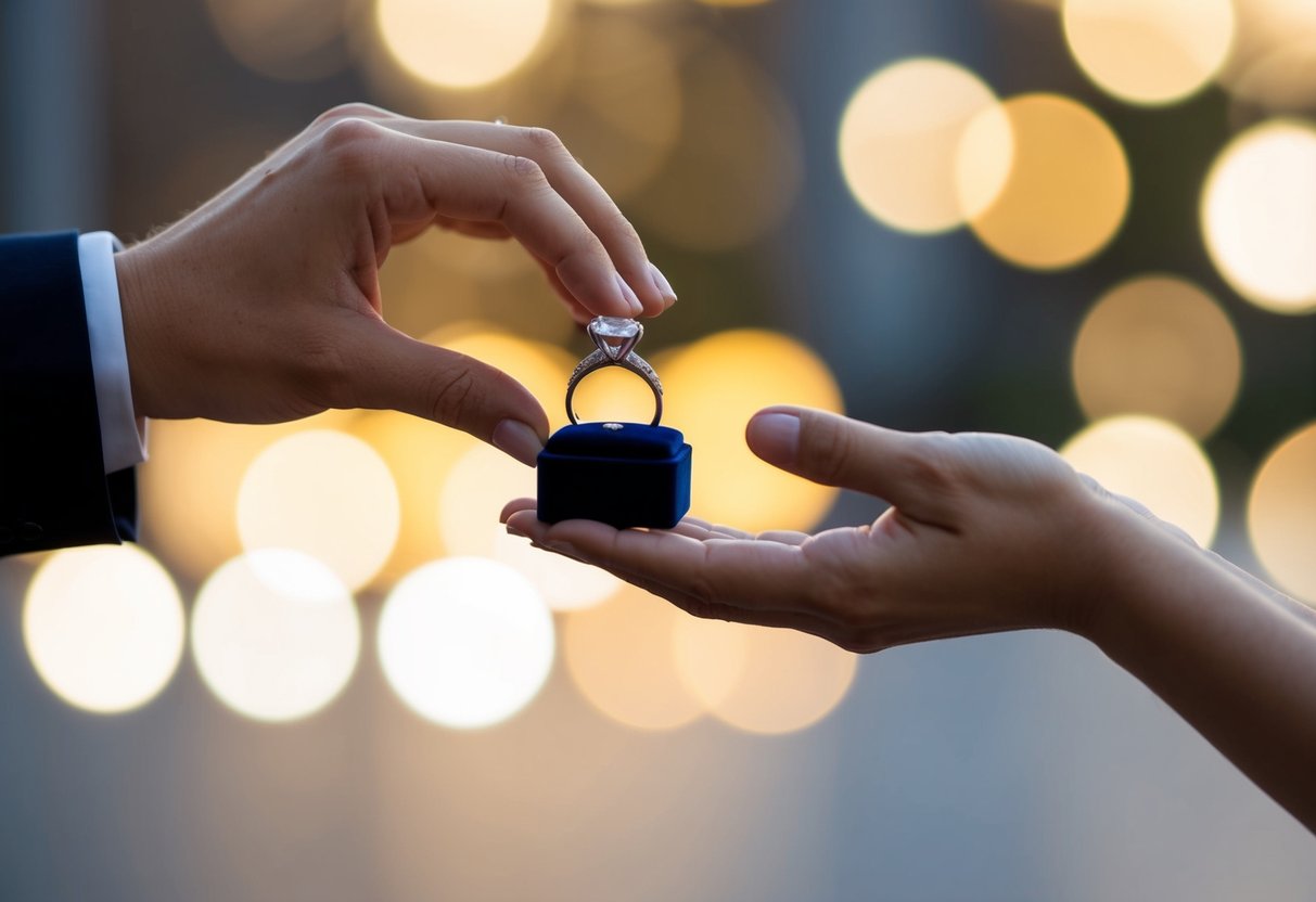 A hand holding an engagement ring hovers over a ring box, while another hand reaches out to receive it