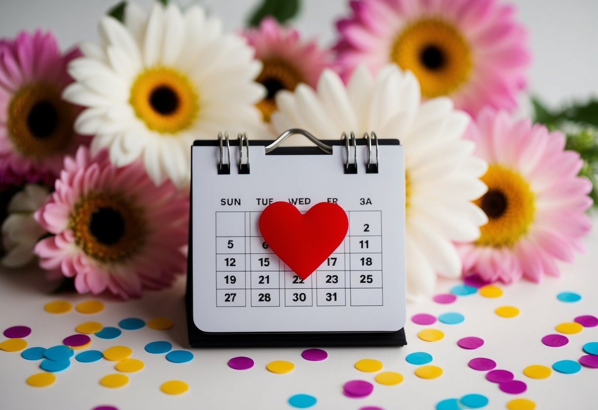 A calendar with a heart-shaped sticker marking the date, surrounded by flowers and confetti