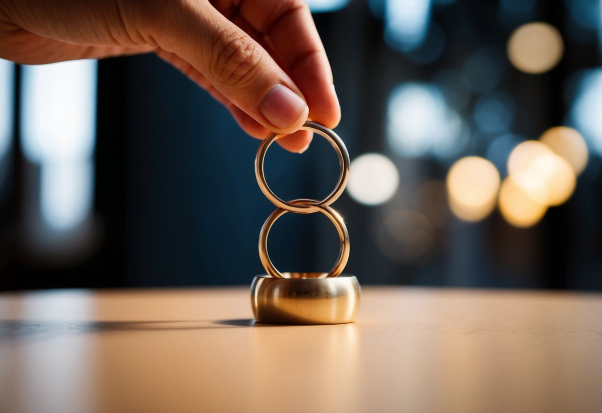 Two rings held above a table, one being placed on top of the other