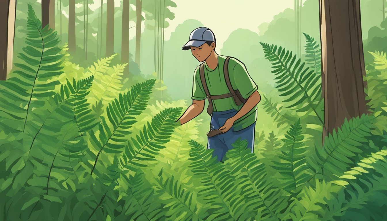 A person picking and examining edible ferns in a lush forest clearing