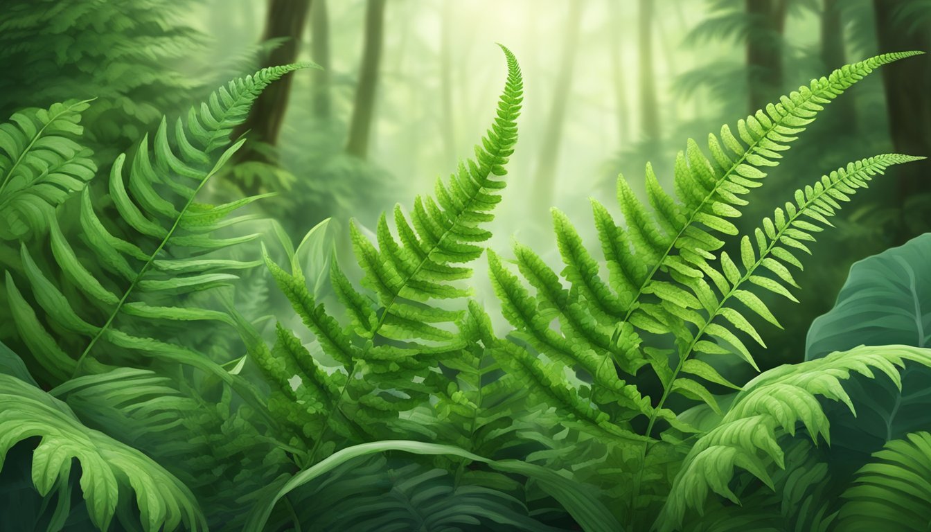 A close-up of fresh green ferns with droplets of water on the leaves, surrounded by other edible plants in a lush forest setting