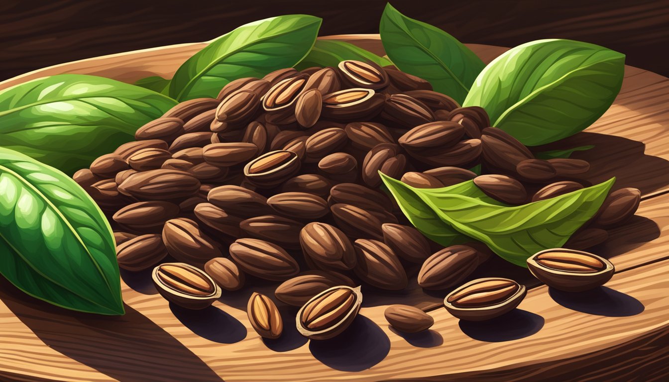 A pile of raw cacao beans surrounded by vibrant green cacao pods on a wooden table. Sunlight streams in, casting shadows across the textured surface