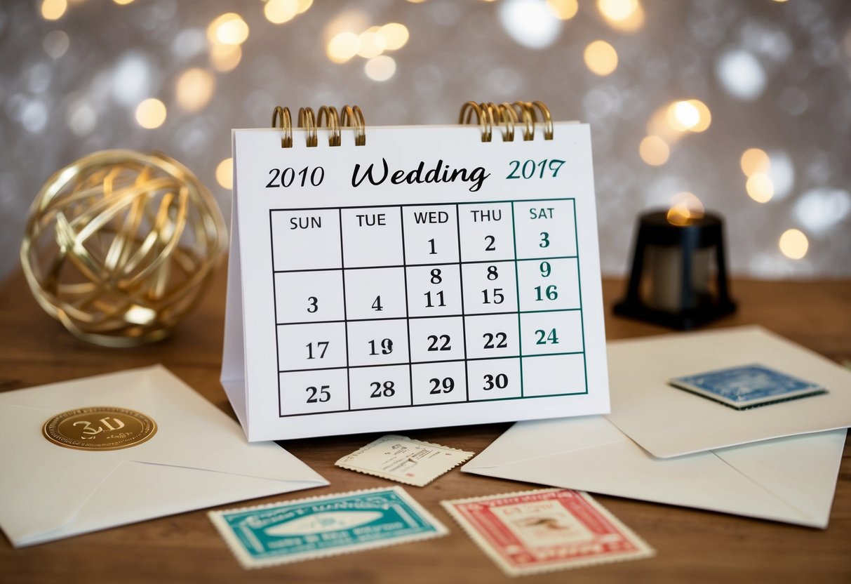 A calendar with the date of the wedding circled, surrounded by envelopes and stamps