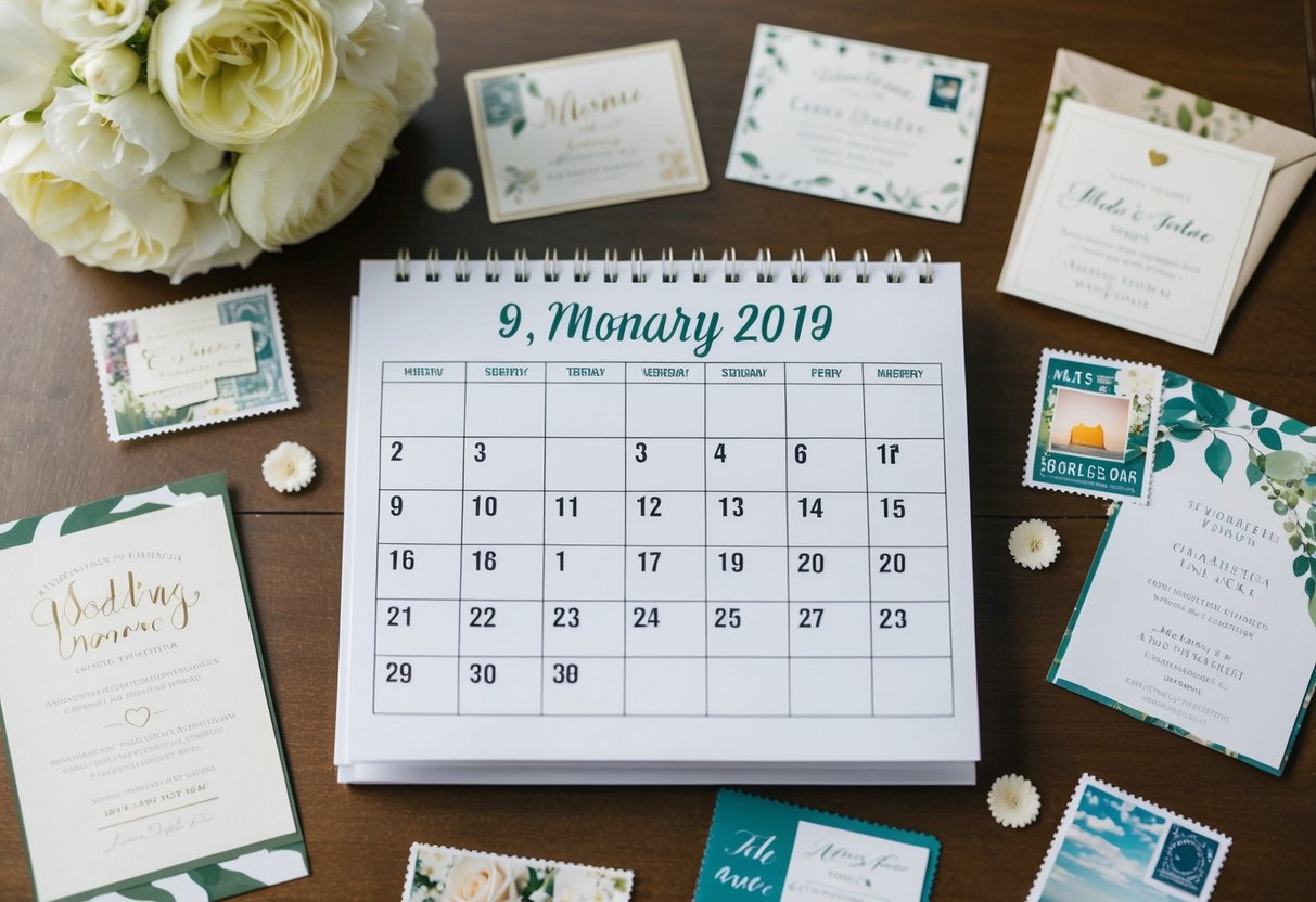 A calendar with a wedding date marked 9 months ahead, surrounded by various wedding invitation designs and postage stamps