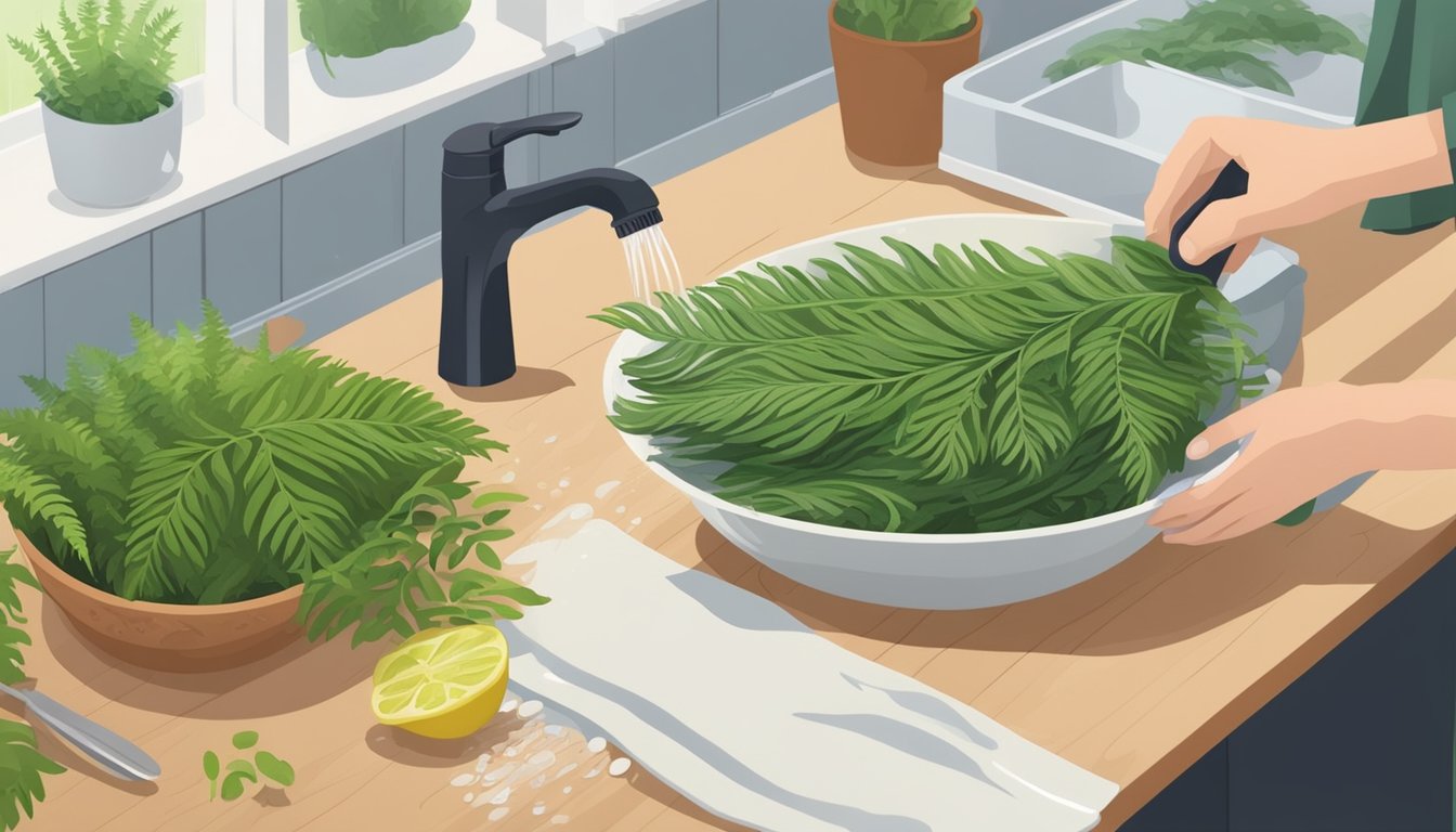 A person carefully washing and chopping fresh ferns on a clean cutting board, with a bowl of water nearby for rinsing