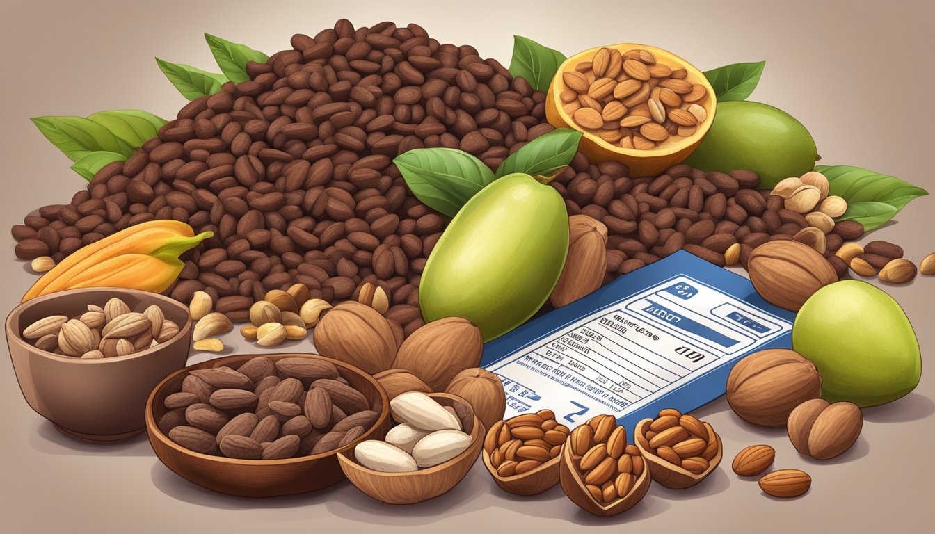 A pile of raw cocoa beans surrounded by various fruits and nuts, with a nutrition label and dietary guidelines in the background