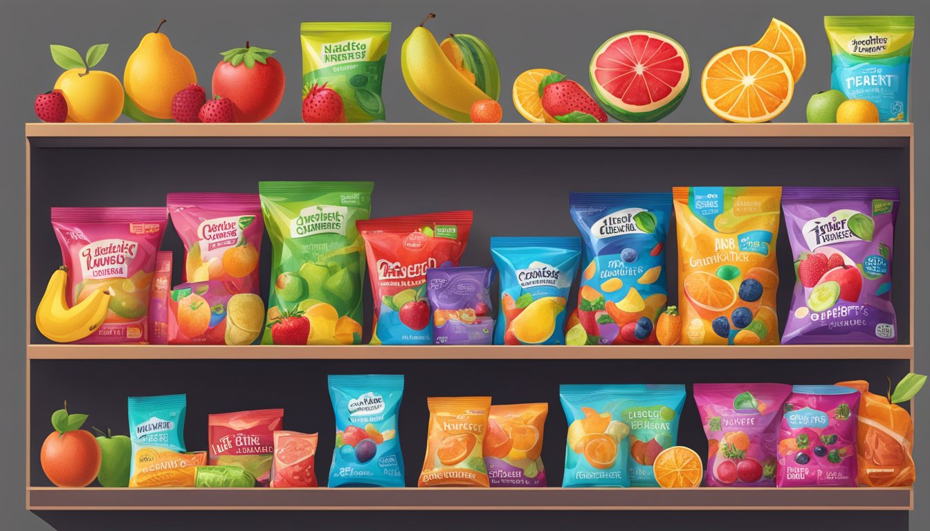 A variety of fruit snacks sit on a shelf, some fresh and vibrant while others appear shriveled and discolored