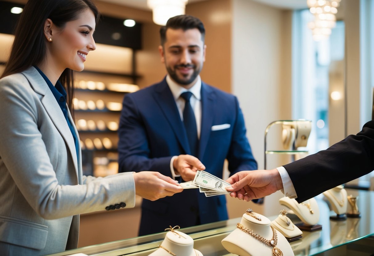 A woman hands over money to a man behind a jewelry counter