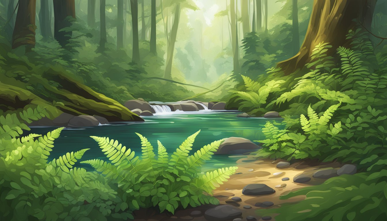 A lush forest floor with various types of ferns growing, some partially submerged in a clear stream, surrounded by dappled sunlight