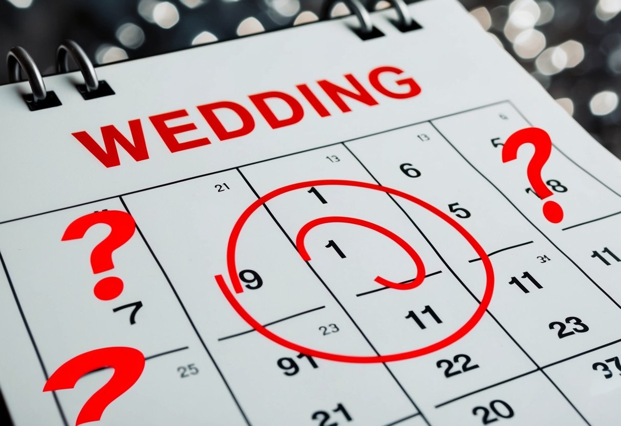 A calendar with the month of the wedding circled in red, surrounded by question marks and a confused expression