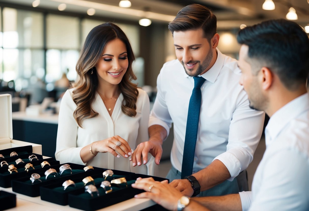 A woman browsing a selection of men's wedding rings, while a man looks on and offers his input