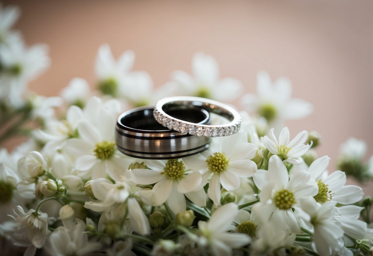 A pair of entwined wedding rings placed atop a bed of delicate white flowers