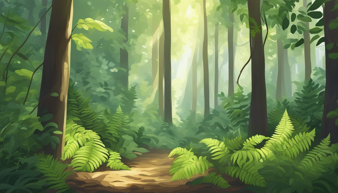 A forest floor with various types of ferns growing, surrounded by trees and dappled sunlight filtering through the leaves