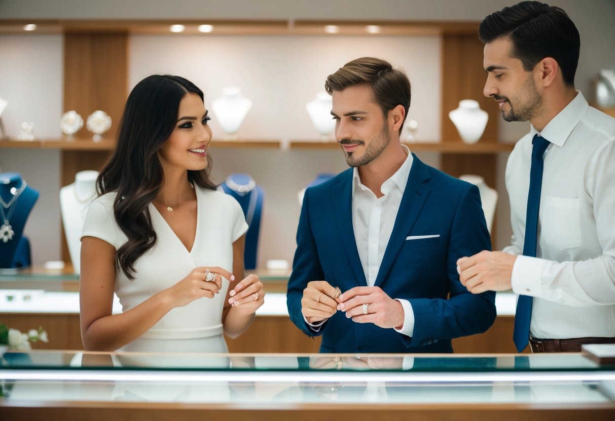 A woman and a man stand at a jewelry store counter, discussing wedding ring options with a salesperson. The woman holds a ring while the man looks on