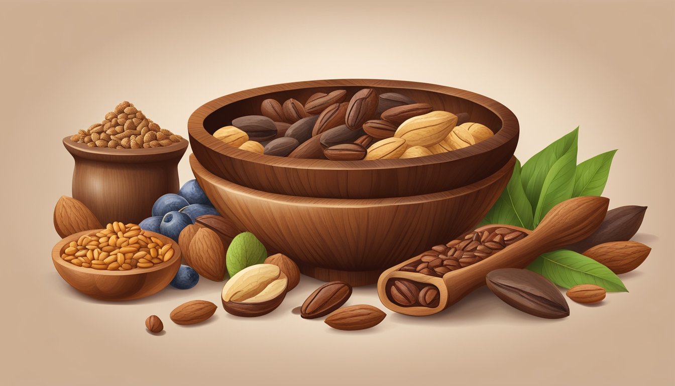 A wooden bowl filled with raw cacao beans, surrounded by various ingredients like nuts, fruits, and seeds. A mortar and pestle sit nearby for grinding