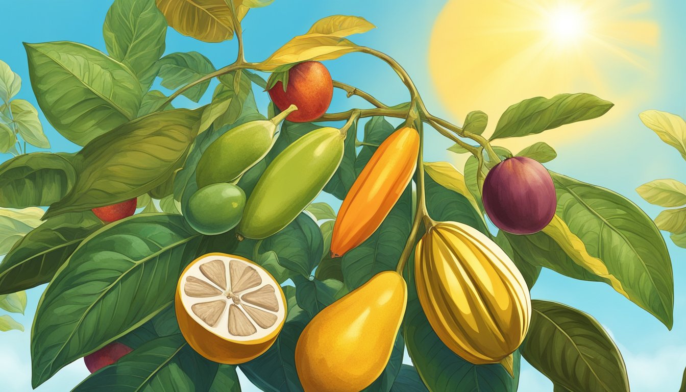 A vibrant cocoa plant surrounded by various fruits and vegetables, with a clear blue sky and golden sunlight shining down