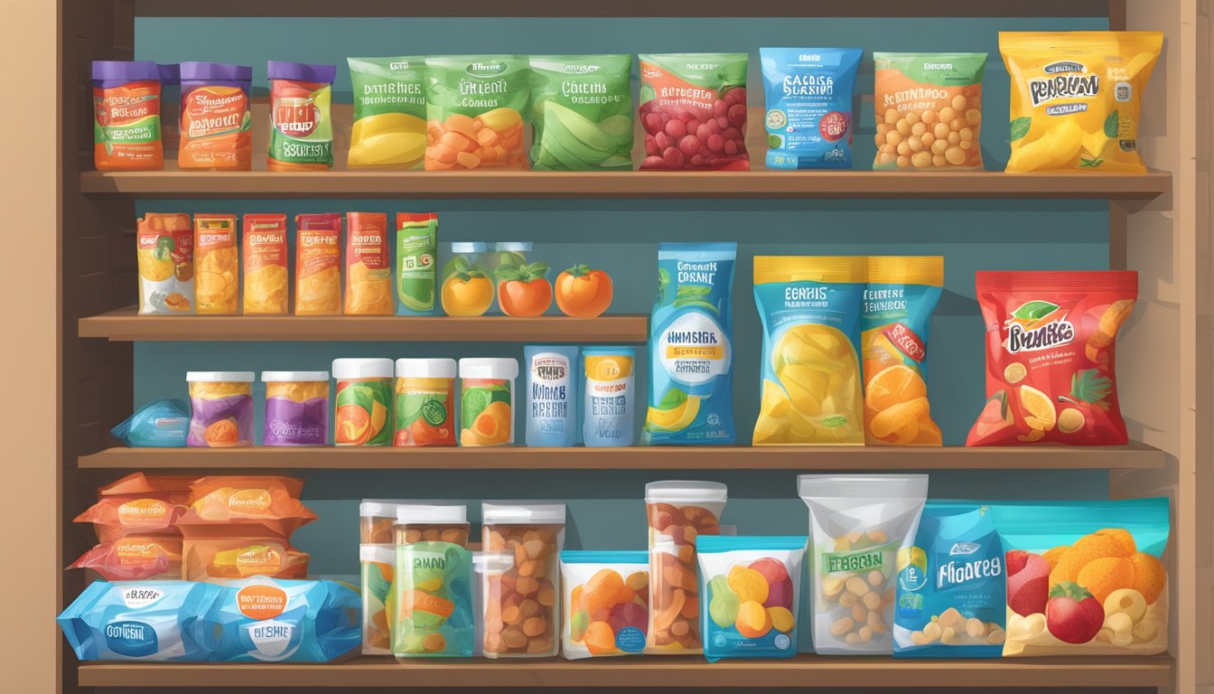 A pantry shelf with various fruit snacks in packaging, some expired and others within their shelf life, alongside containers of desiccants and vacuum-sealed bags