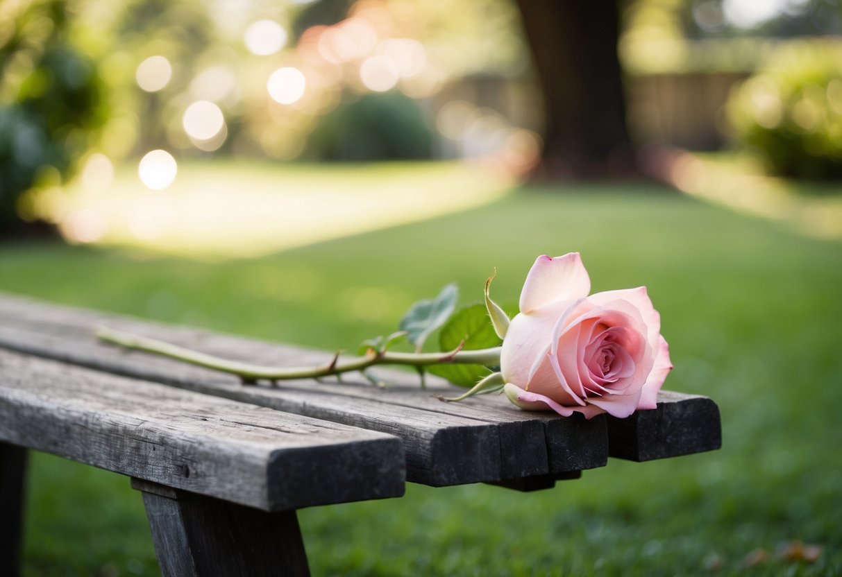 A single rose resting on a weathered wooden bench in a peaceful garden