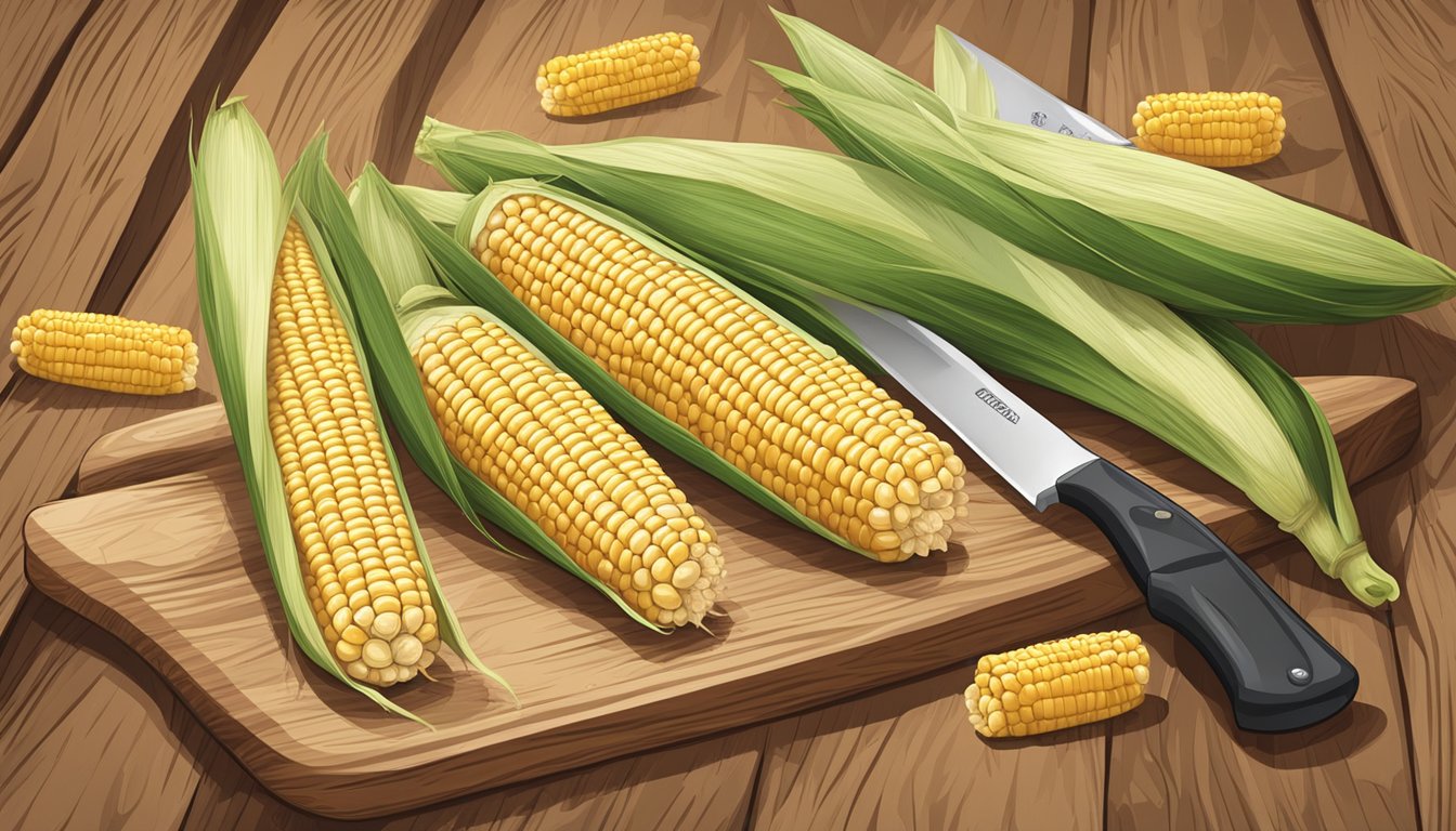 A pile of corn cobs arranged on a wooden cutting board, with a knife and a nutrition label next to them