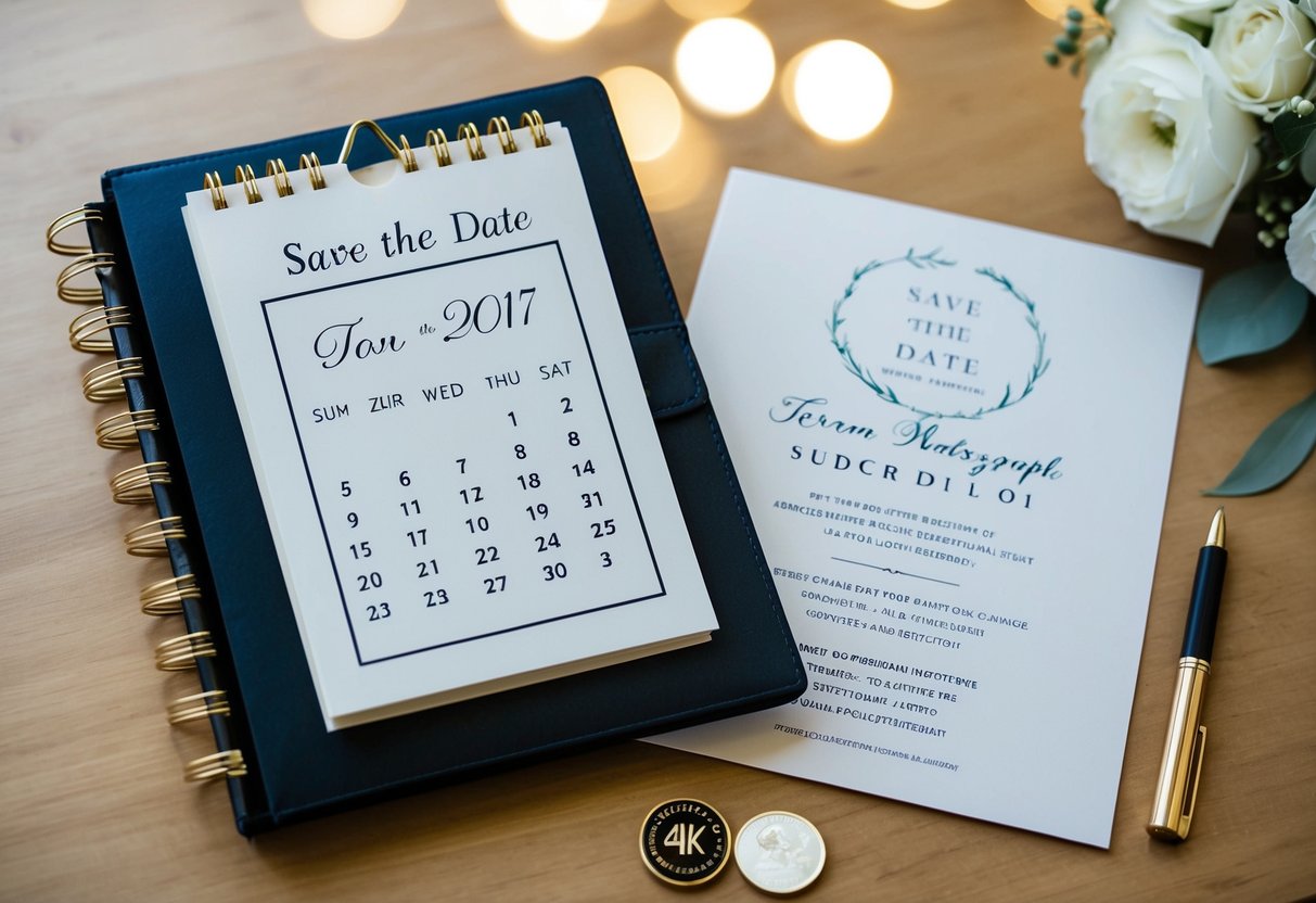 A calendar with a circled date for "save the date" and a formal invitation with wedding details