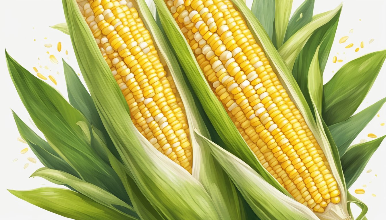 A ripe corn cob surrounded by green husks, with kernels bursting out in a vibrant display of yellow and white