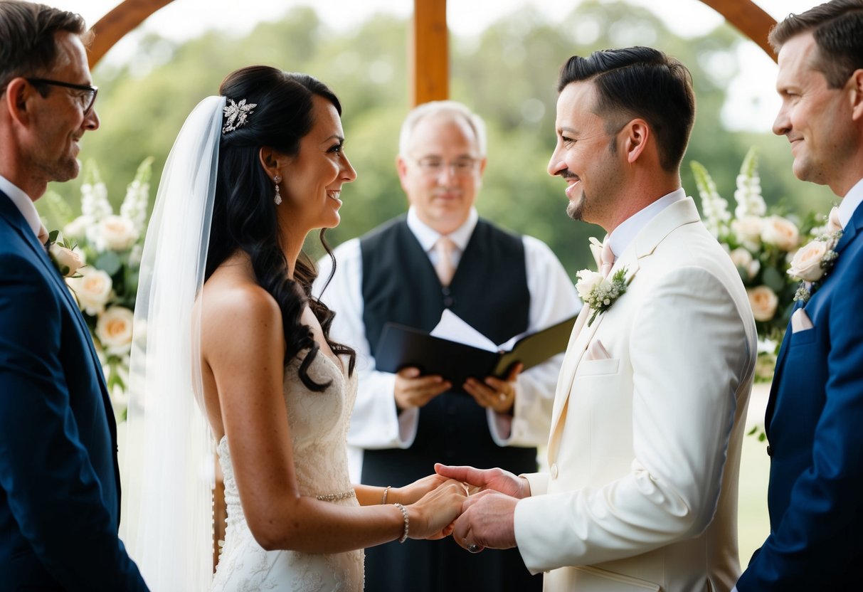 A bride and groom stand facing each other in front of an officiant, exchanging vows and rings in a traditional wedding ceremony