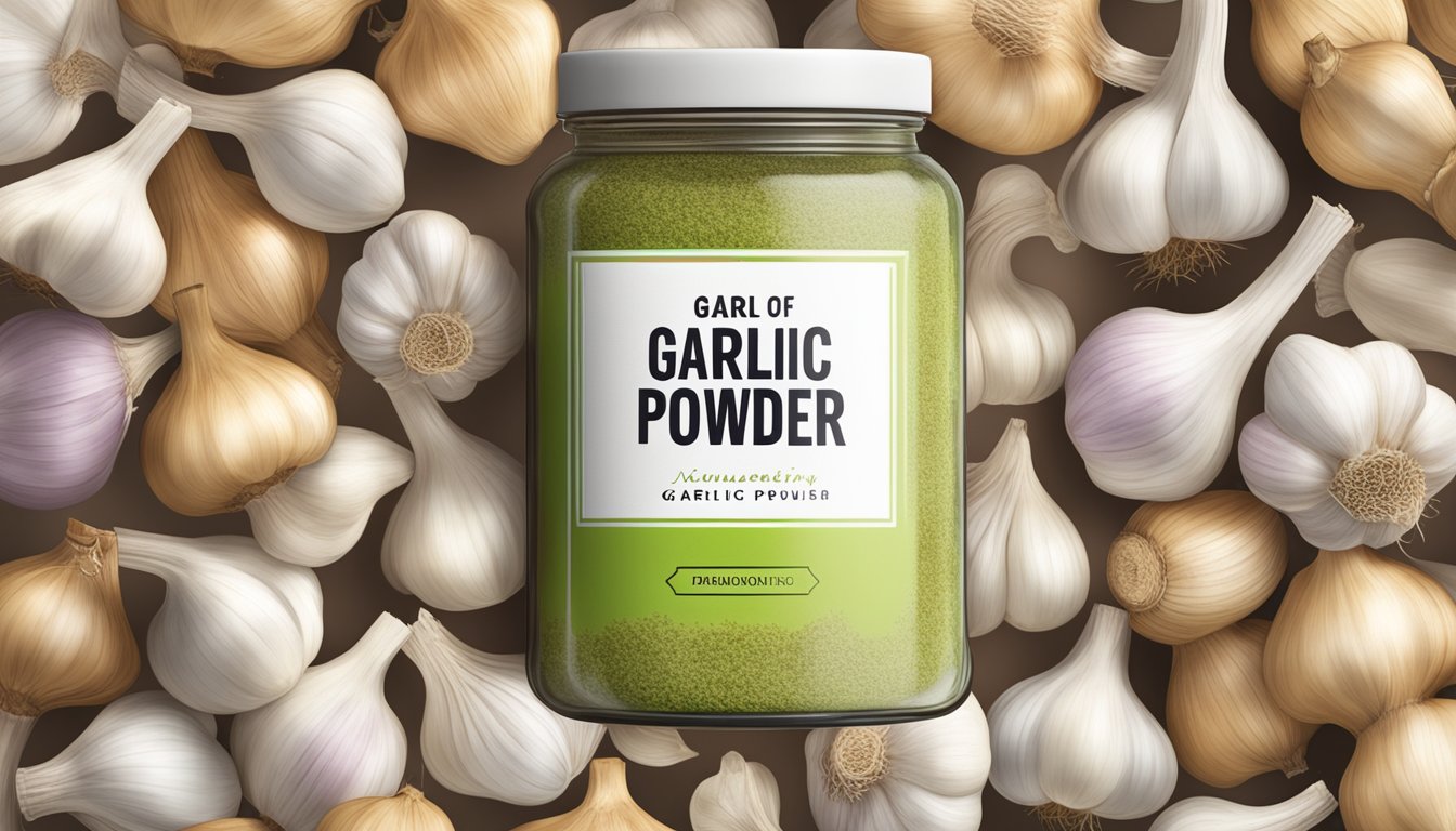 A jar of expired garlic powder with a faded label, surrounded by fresh garlic bulbs and a cloud of uncertainty