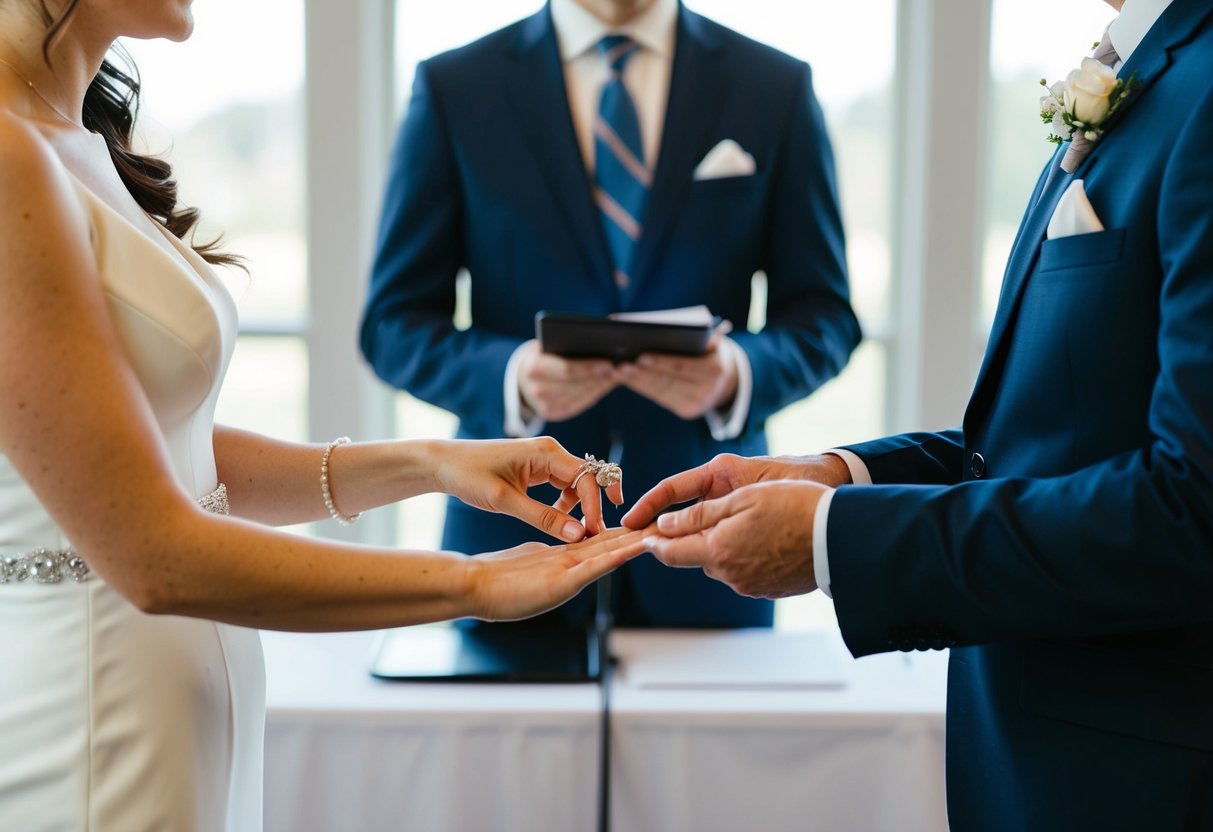 A couple standing before an officiant, exchanging rings and making promises to each other in a formal setting