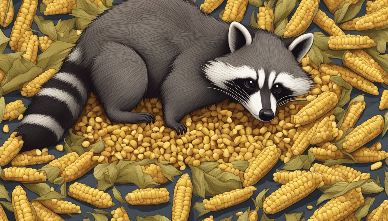 A pile of partially eaten corn cobs scattered on the ground, with a curious raccoon sniffing around them