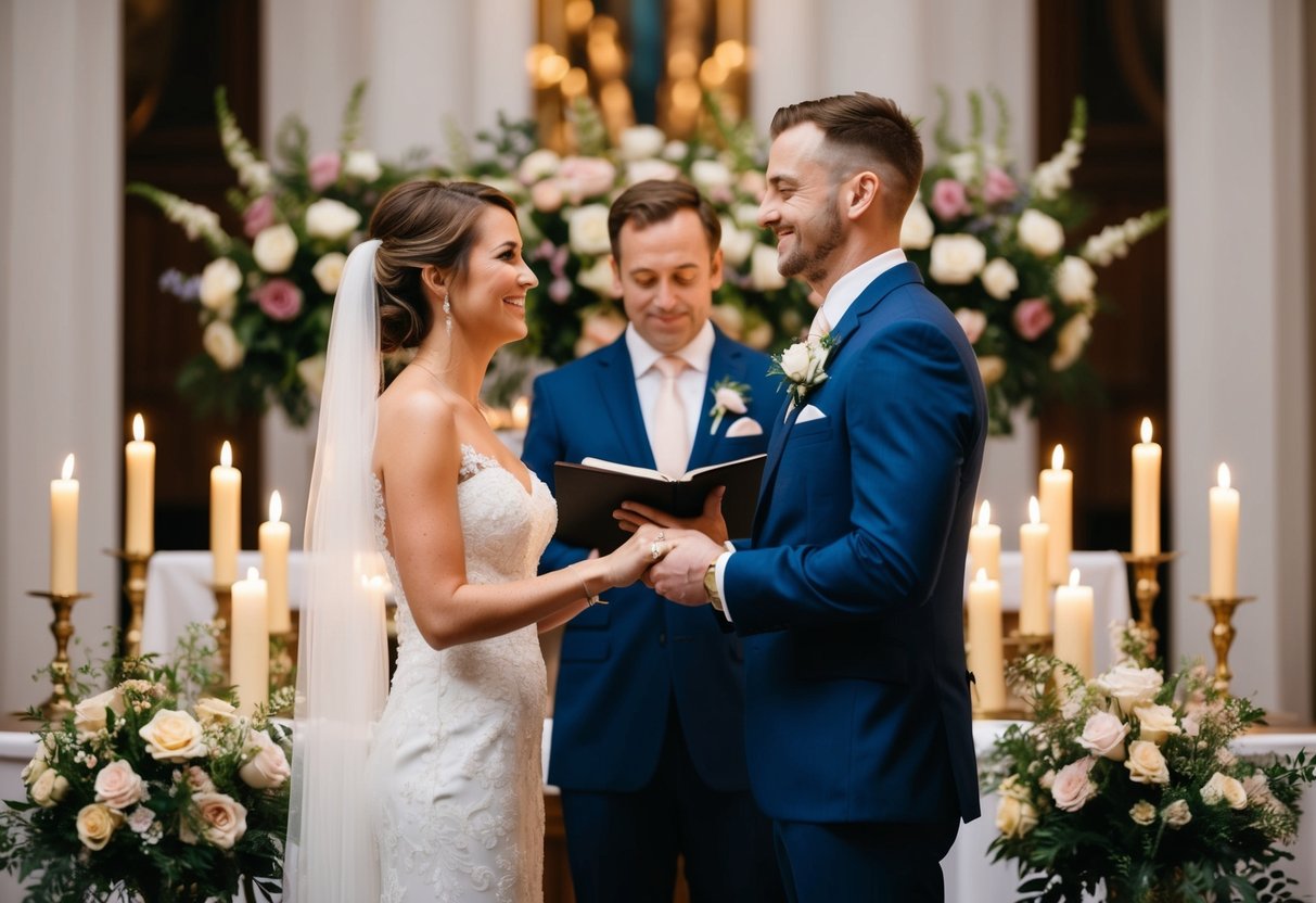 A couple standing at the altar, surrounded by flowers and candles, exchanging vows with a nervous but loving expression