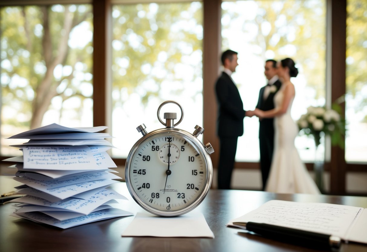 A stopwatch displaying 3:00, a pile of handwritten notes, and a couple standing in front of an officiant