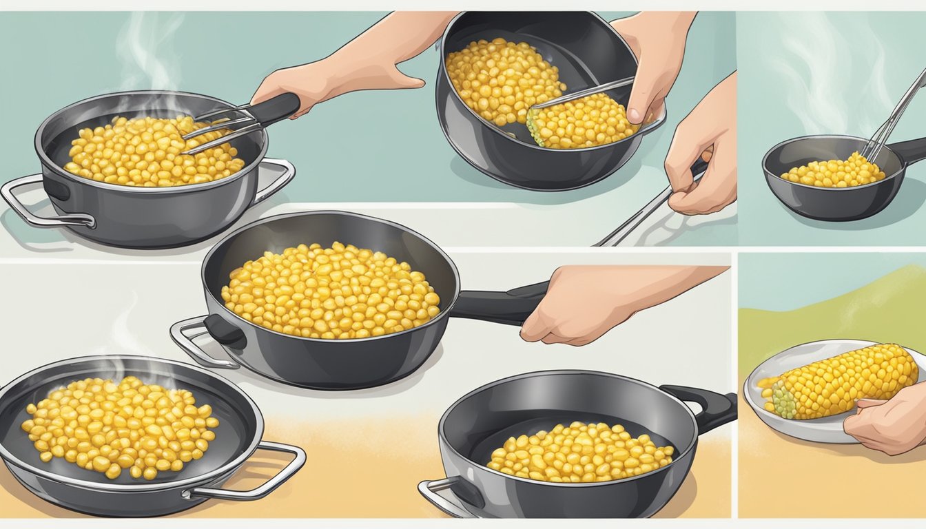 A person boiling corn in a pot of water, then using tongs to remove the cooked corn and placing it on a plate