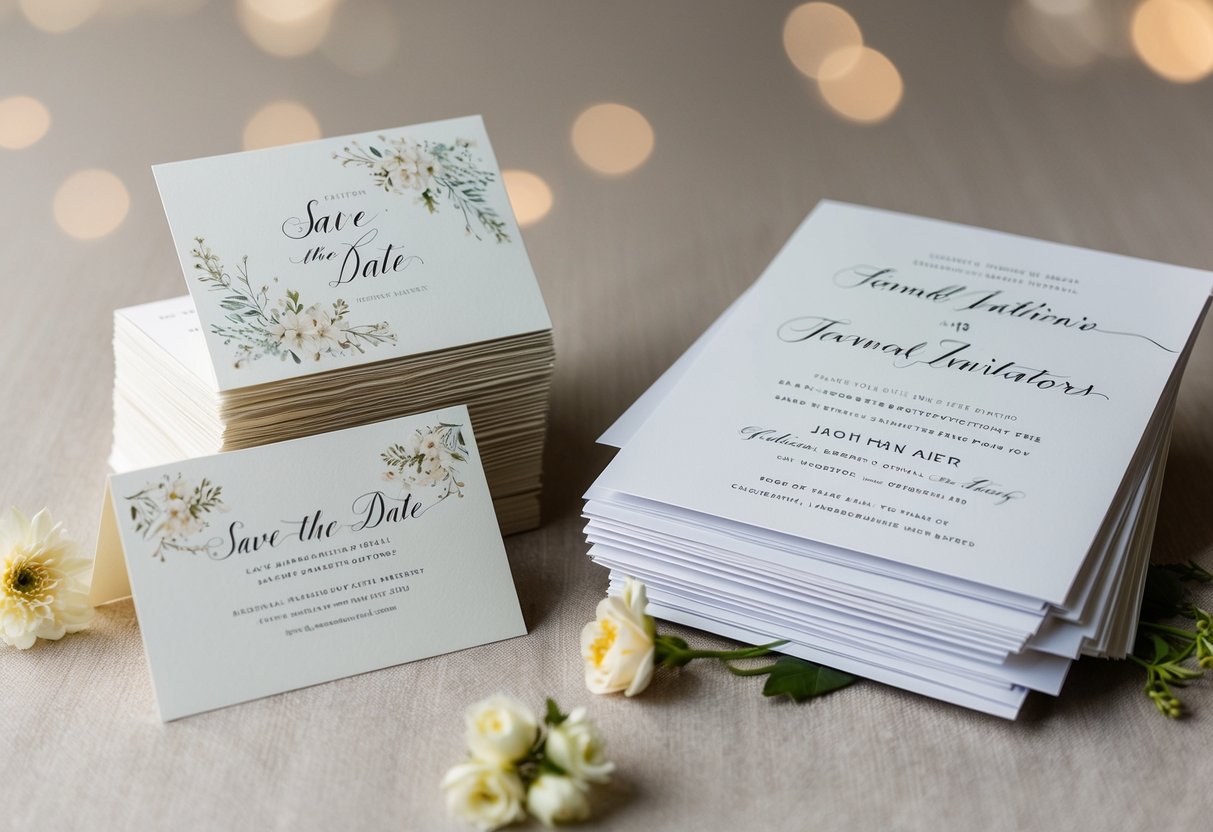 A stack of elegant save the date cards next to a pile of formal wedding invitations, both adorned with delicate floral designs and calligraphy