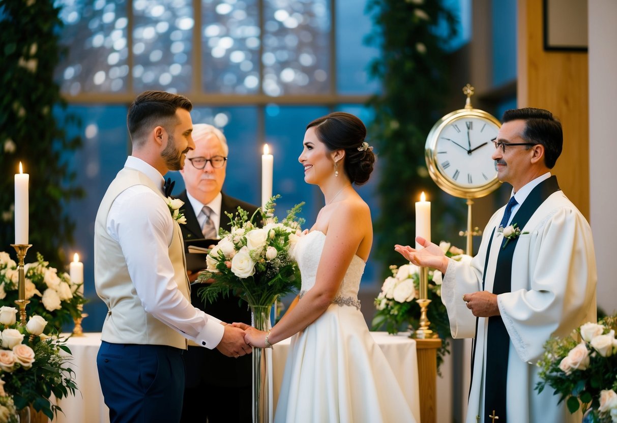 A couple stands at the altar, surrounded by flowers and candles. The officiant gestures towards a clock, indicating the time limit for their wedding vows