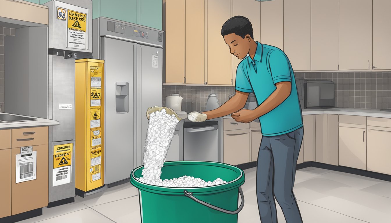 A person pouring expired baking soda into a trash can with a caution sign in the background