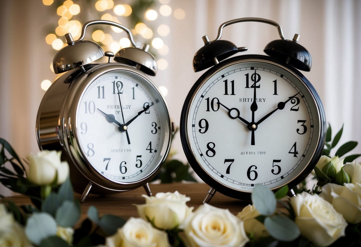A clock with hands at 2:57 and then at 3:00, surrounded by wedding decor